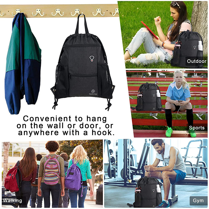 Drawstring Backpack Bag Large Gym Athletic Sackpack with Zipper Pockets and Mesh Water Bottle Holders for Teens Women and Men Sports String Cinch Bag
