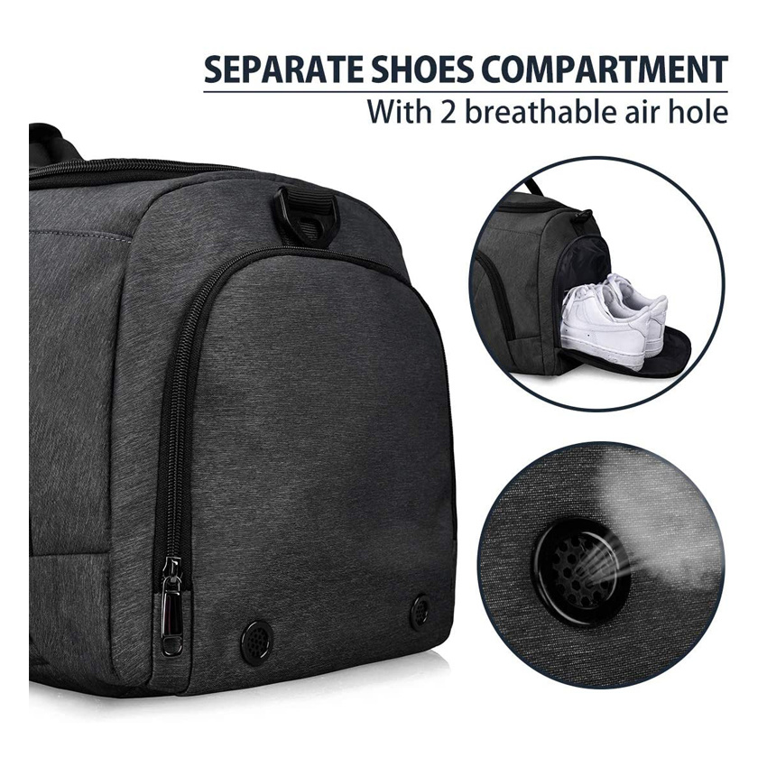 Versatile Usage Large Black Sports Bags Travel Duffel Bag with Shoes Compartment Weekend Bag