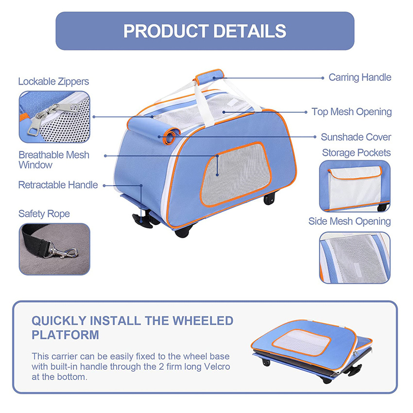 Pet Carrier with Wheels for Small Dogs Collapsible Medium Dog Carrier with Telescopic Handle