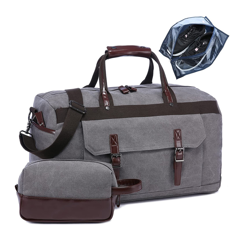 Overnight Carry on Tote Bag Canvas Travel Duffle Bag with Shoes Bag and Toiletry Bag