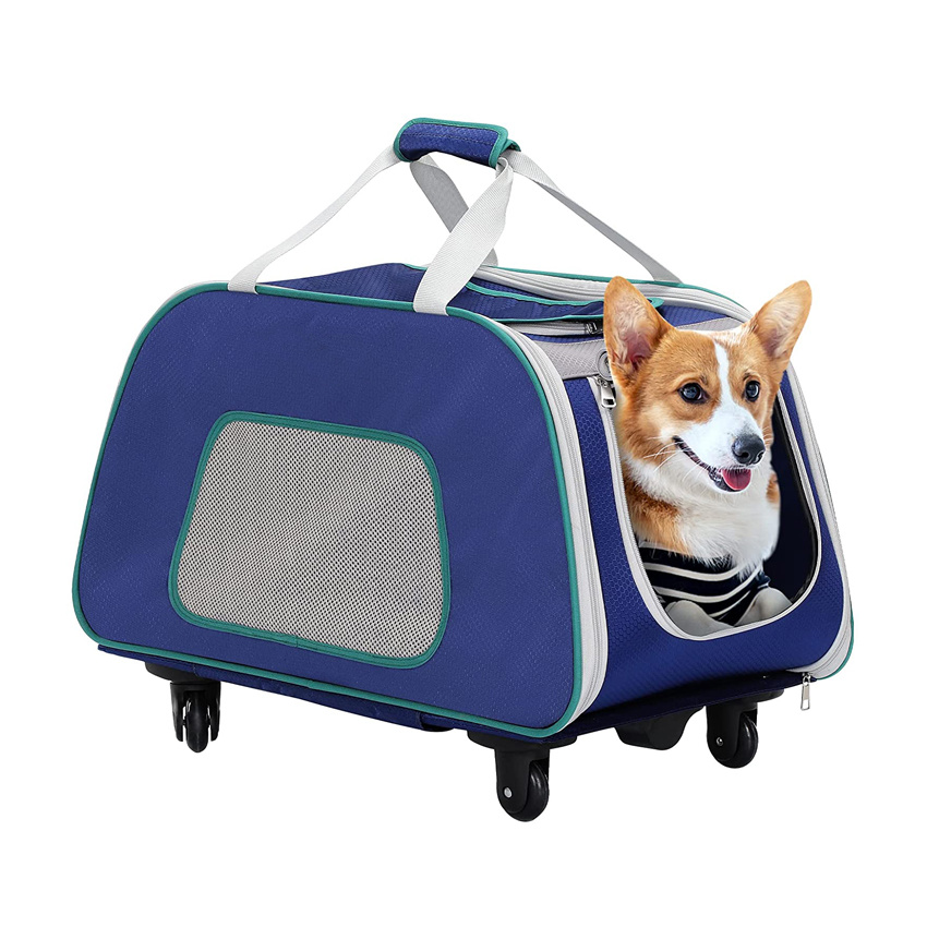 Pet Rolling Carrier with Wheels Collapsible and Breathable Travel Rolling Tote Bag