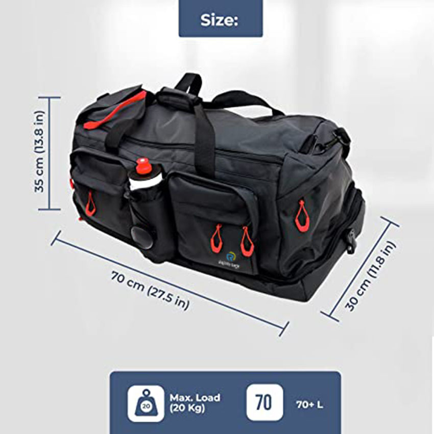 Large Black Duffle with 7 Pockets and Separate Bottom Section for Outdoor Travel Bag