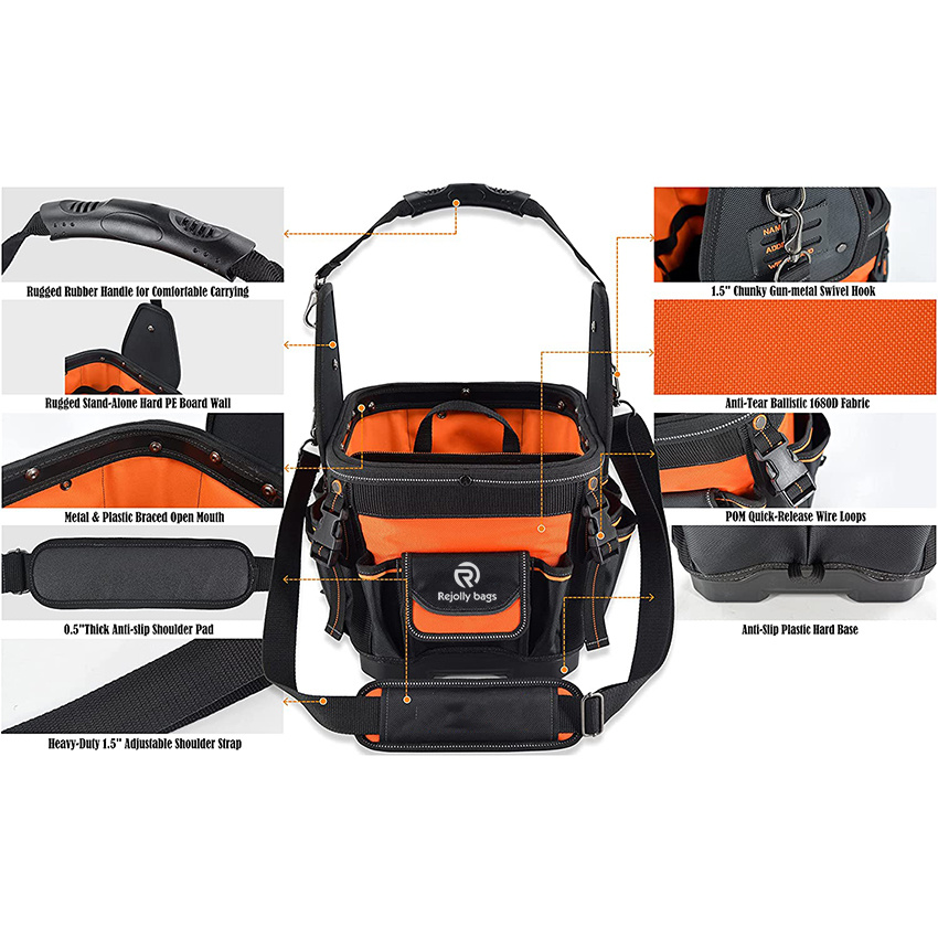 Nylon 24-Pockets Hard-Based Tool Bag, Open-Top Electrician Tool Bag, Electricians Tool Bag