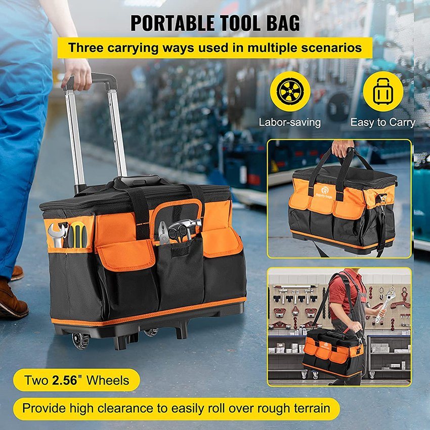 Rolling 18in Tool Bag with Wheels, 17 Pockets 110lb Load Capacity Telescoping Handle Tool Bag