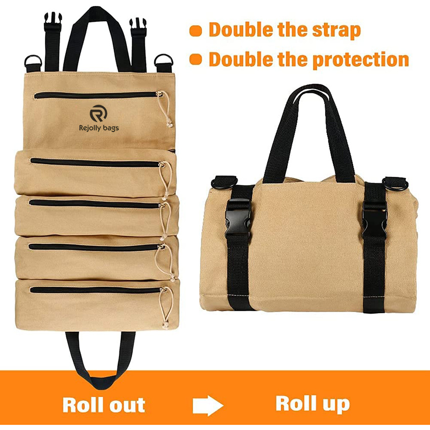 Water Resistant Tool Roll Bag with 2 Wrap Straps, Heavy Duty Roll up Tool Bag with 5 Pockets, Canvas Roll up Tool Bag