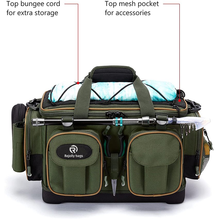 Fishing Tackle Shoulder Bag Water Resistant Lightweight Gear Storage Pack with Hard Molded Bottom Rain Cover Fishing Rod Bag