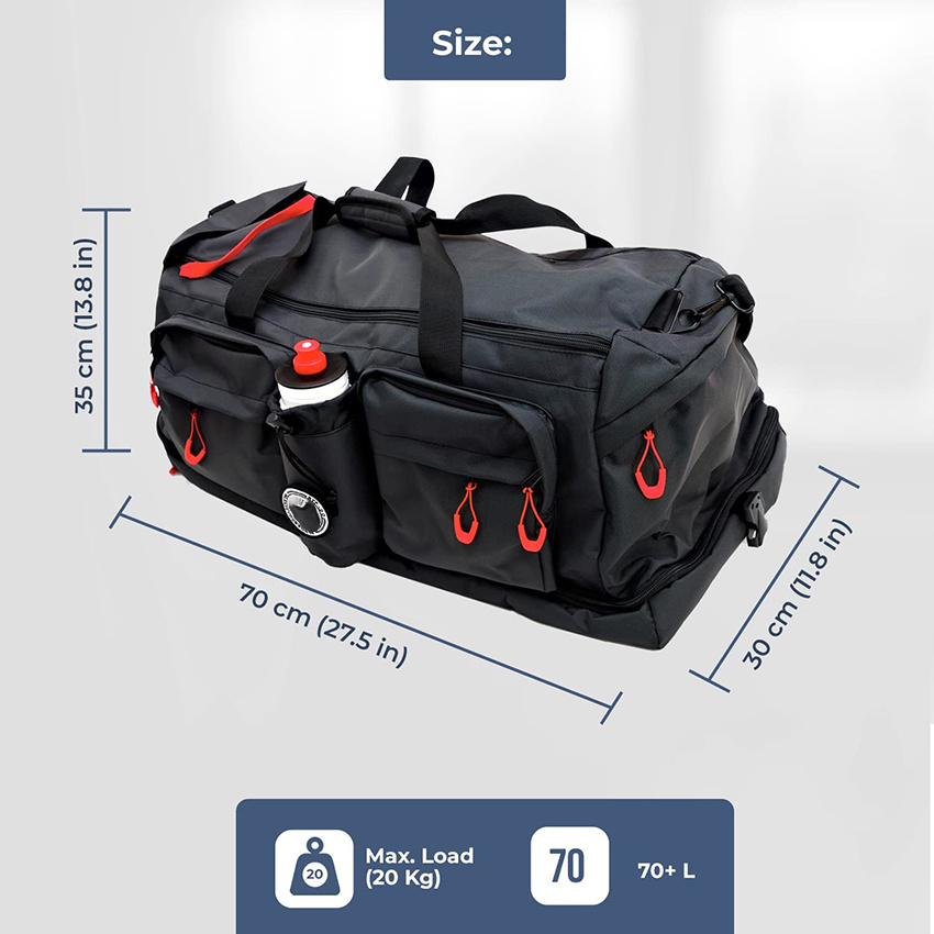 Sport Bag 3 In1 Large Travel Duffle Bag Black Backpack Function and Partition Walls with 7 Pockets and Separate Bottom Section Gym Workout Bag for Martial Arts