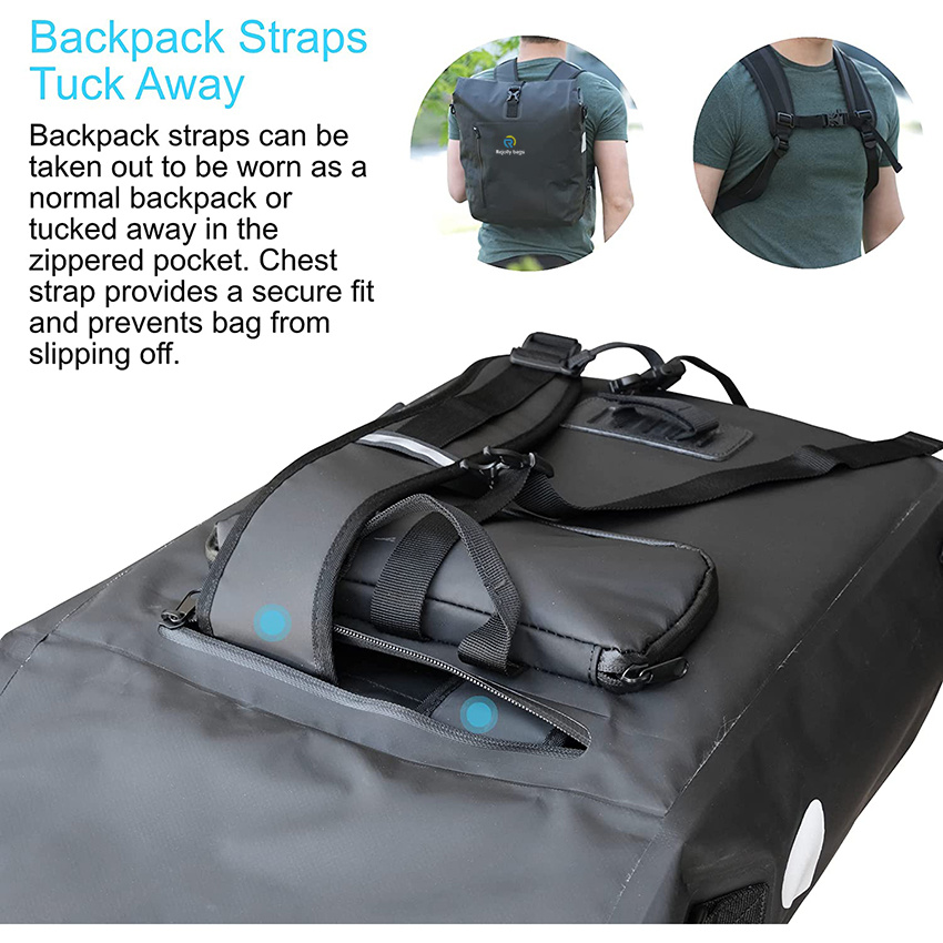 Bike Pannier Bag and Backpack Waterproof Rear Bicycle Bag, Safety Reflective Spots, Backpack Straps Bicycle Bag