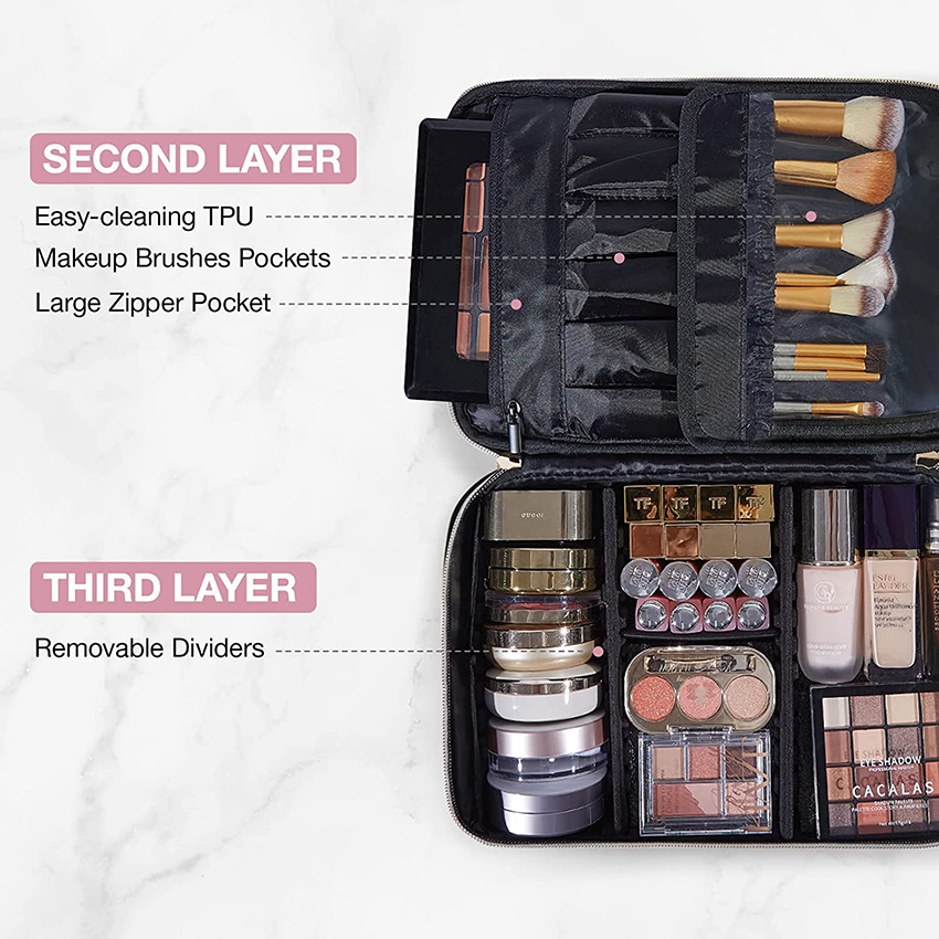 Large Makeup Case Travel Makeup Bag Cosmetic Case Organizer Portable Storage Bag with Adjustable Dividers for Cosmetics Makeup Brushes Toiletry Bag