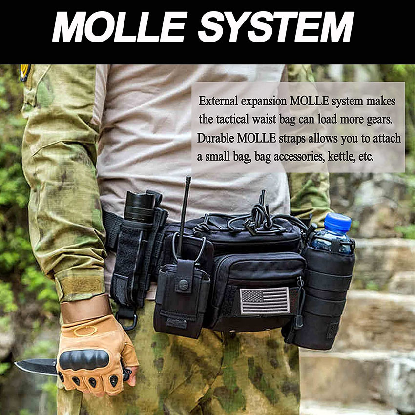 Military Style Tactical Fanny Pack, Waist Bag Hip Belt Bumbag Utility Bags for Outdoor Hiking Climbing Fishing with U. S Patch Bag