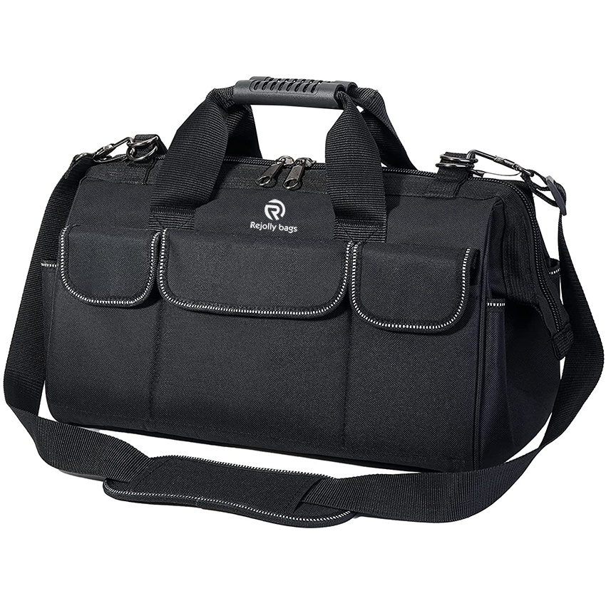 600d Oxford Tool Bag with Waterproof Soft Bottom, Multi-Pockets Wide Mouth Tool Tote with Safety Reflective Straps, Adjustable Shoulder Strap Tool Bag