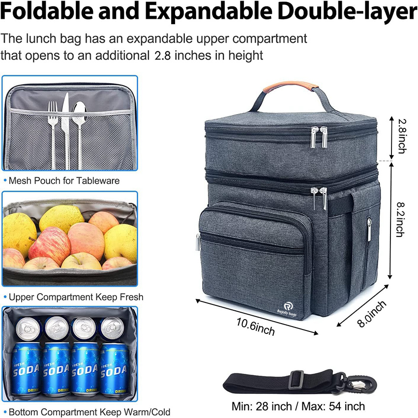 Lunch Bag for Women Men Freezable Large 15L Reusable Leakproof Box Cooler Tote Bag for Work Picnic School or Travel Double Compartment