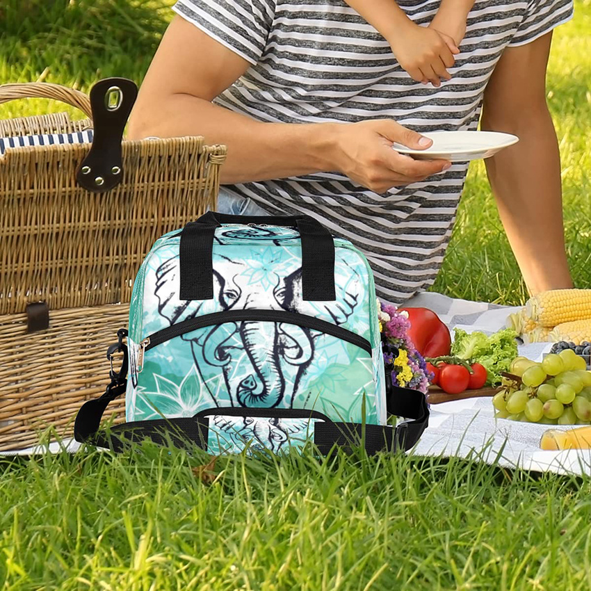 Elephant Flower Ethnic Insulated Lunch Bag for Women/Men Kids with Adjustable Removable Shoulder Strap Cooler Bag Reusable Tote Lunch Box for School Work Picnic