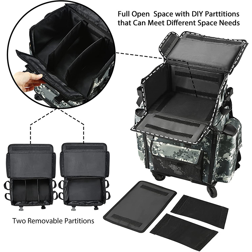 Rolling Fishing Tackle Bags with Rod Holder Backpack Removable Wheels and Fishing Cart Waterproof Fishing Organizer Pack with Rod Case Fishing Gear Bag