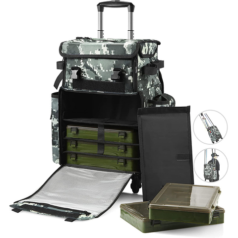 Rolling Fishing Tackle Bags with Rod Holder Backpack Removable Wheels and Fishing Cart Waterproof Fishing Organizer Pack with Rod Case Fishing Gear Bag