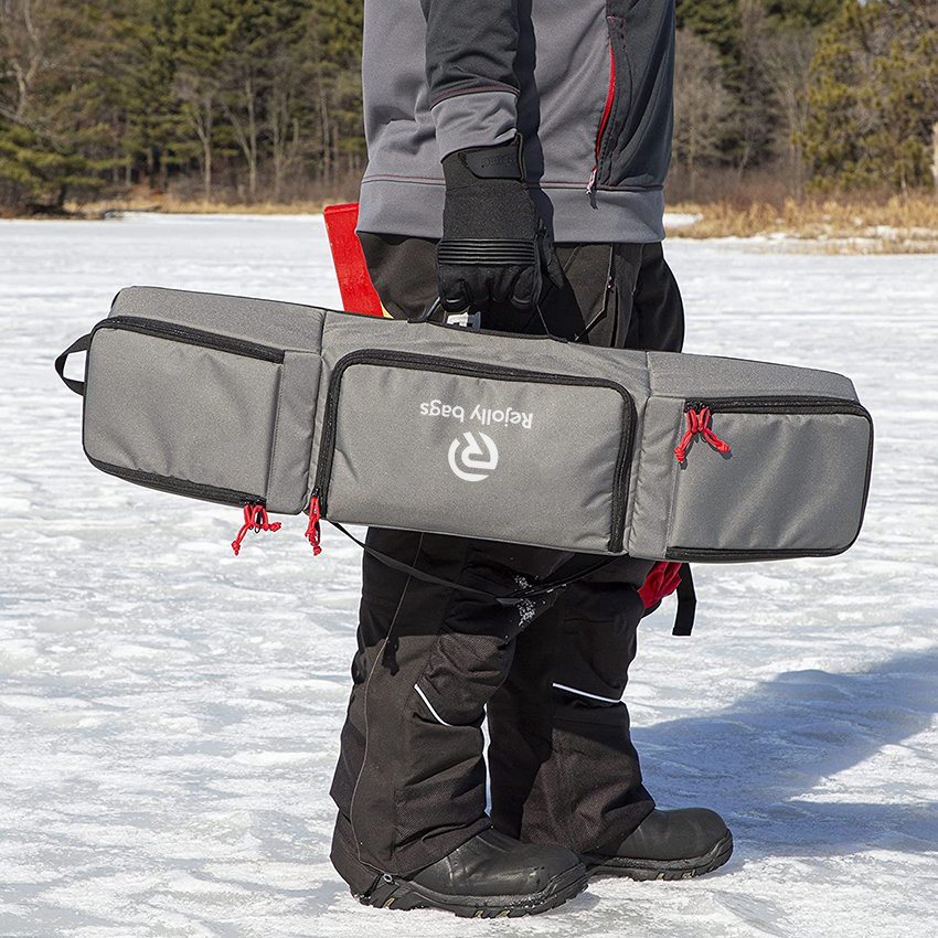 Ice Fishing Rod Locker, Holds Four Rods up to 32", Zippered Middle Gear Locker for Secure Extra Storage Fishing Rod Bag