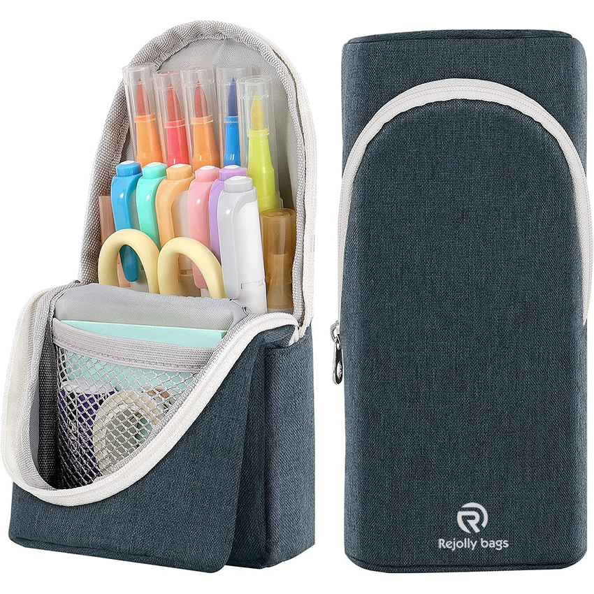 Spacious Pen Holder Polyester Stand Up Pencil Pouch Stationery Organizer with Zipper for School Office College Teen Student Pen Bag RJ21644