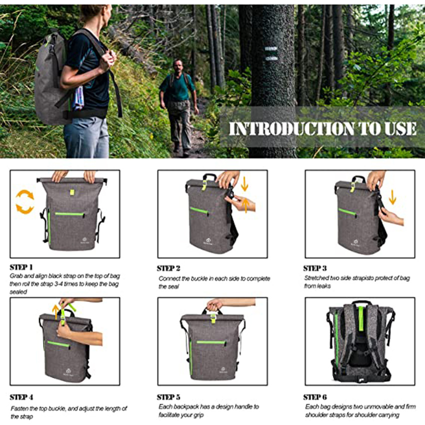 Waterproof Backpack 35L Roll Top Backpack with Airtight Zipper Pocket and Cushioned Padded Back Panel Dry Bag