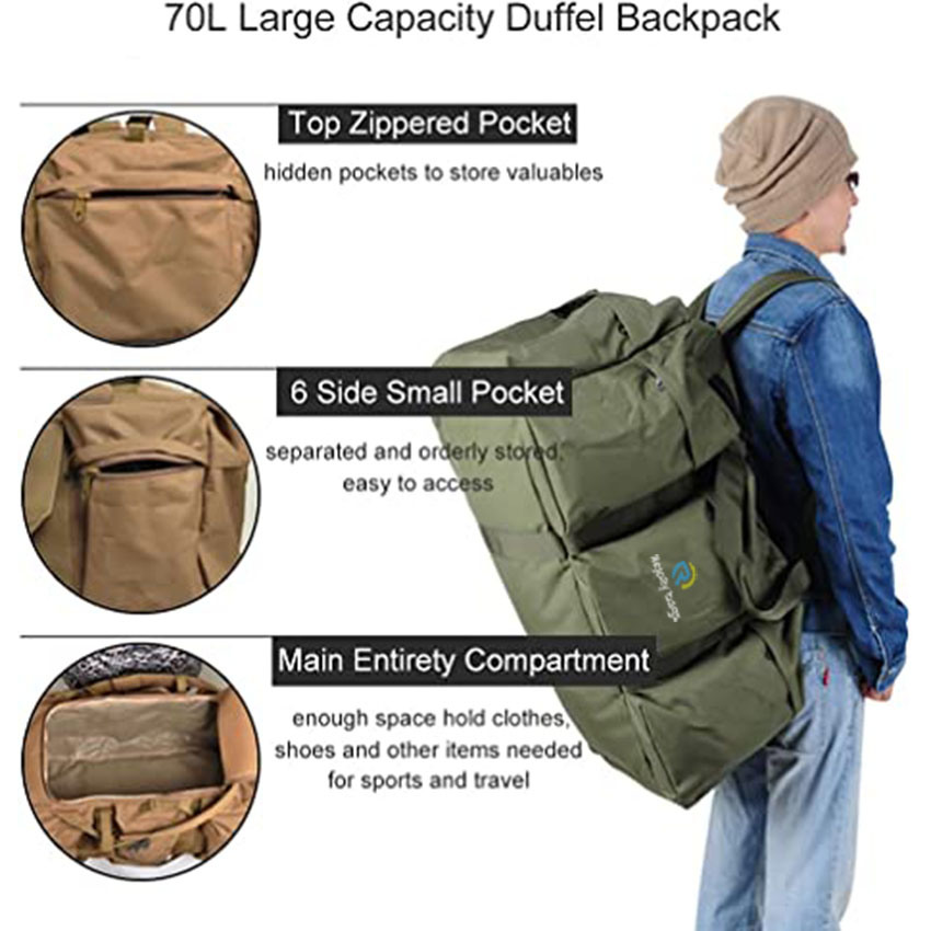 70L Large Duffel for Men Convertible Multi-Functional Backpack for Traveling Bag