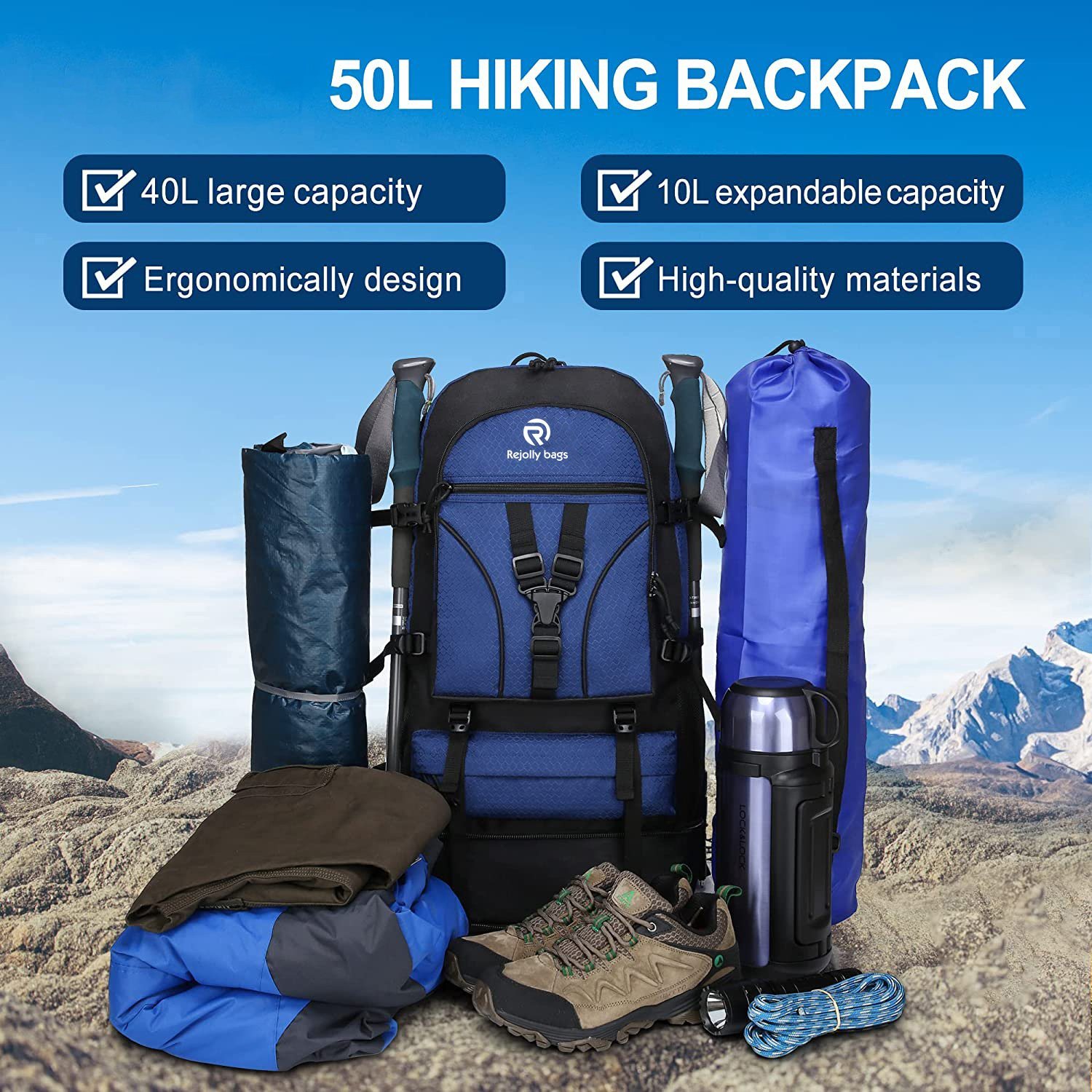 40L+10L Expandable Hiking Backpack Flight Approved, Camping, Climbing Dayback for Men and Women Bag