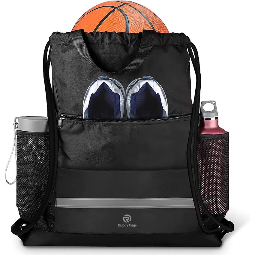Waterproof Black Draw String Back Sack with Zip Pocket PE Gym Cinch Tote Basketball Soccer String Bags Sackpack Bulk Ball Bag RJ196124