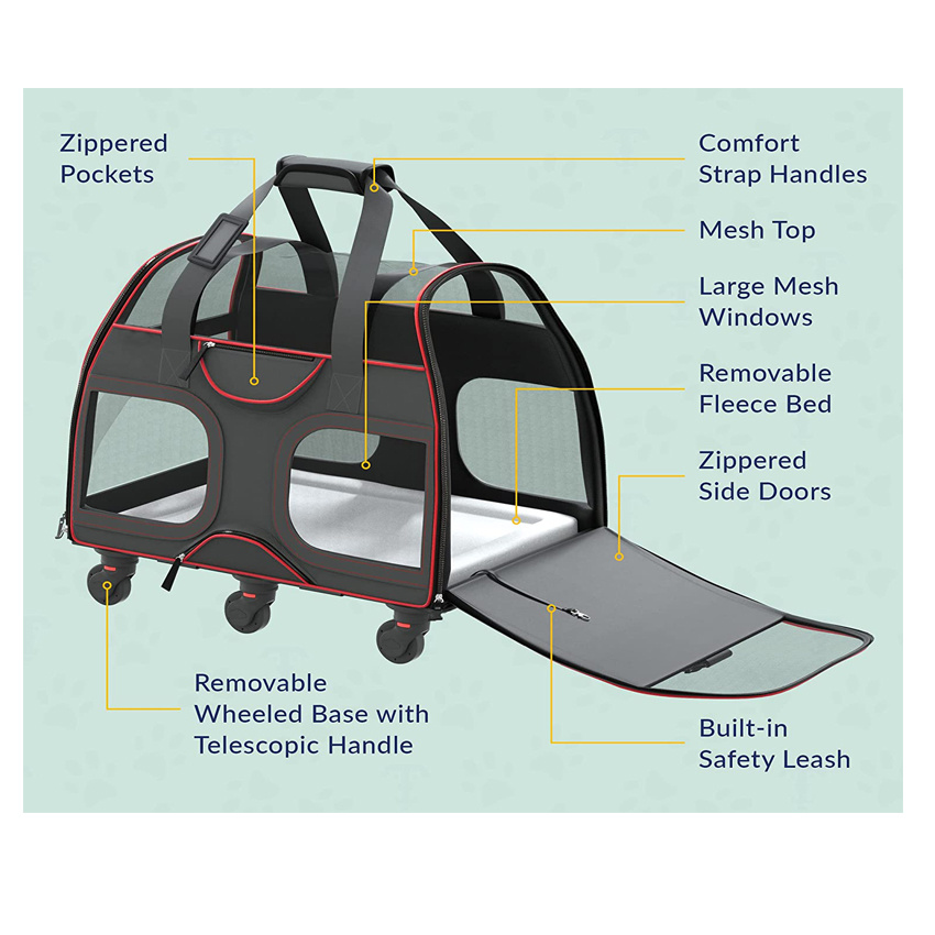 Pet Carrier with Removable Wheels Soft Sided Dog Cat Carrying Bag with Telescopic Walking Handle