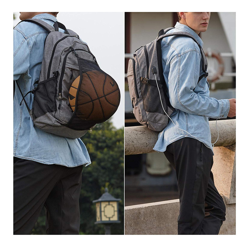 Basketball Backpack USB Charge Schoolbag Lightweight Daypack for Travel Hiking Cycling