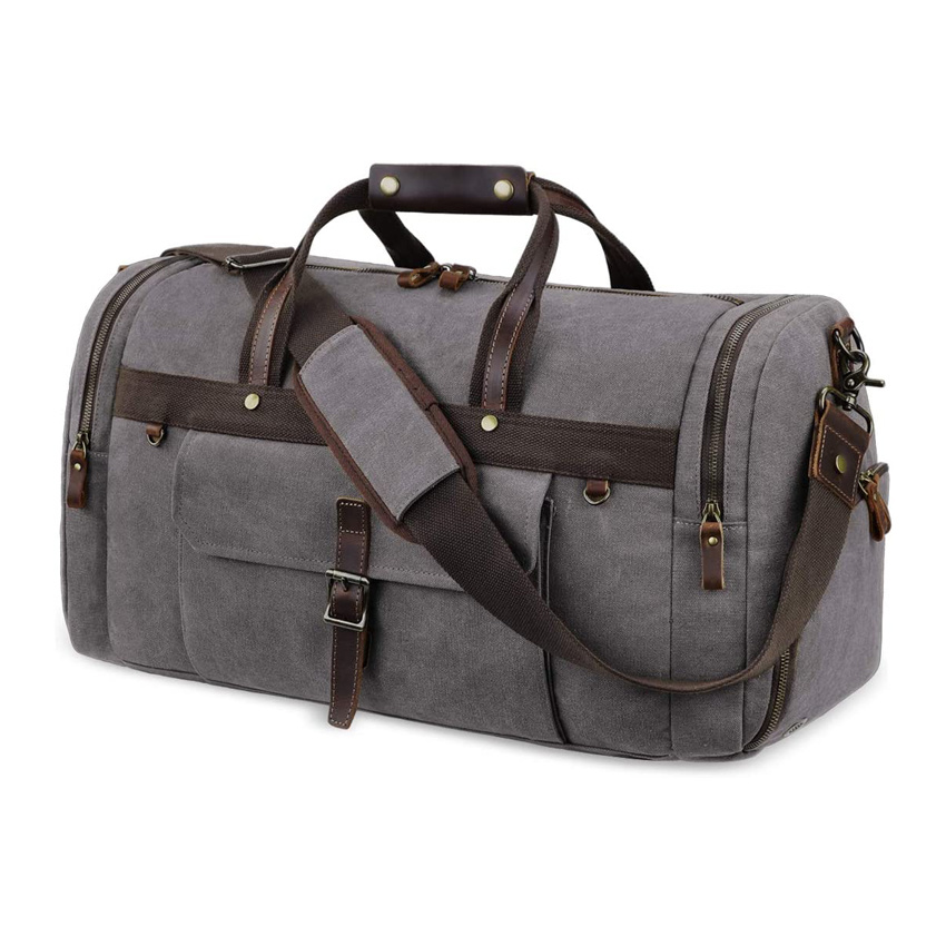 Oversized Genuine Leather Carryon Weekend Bag Canvas Overnight Duffel Bag