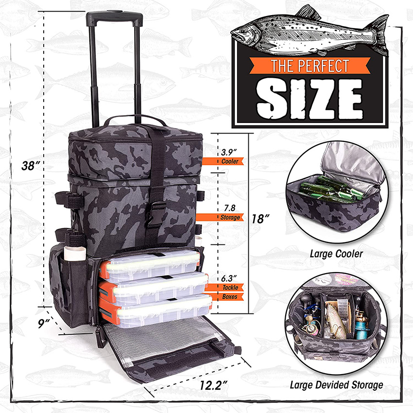 Large Fishing Tackle Bag and Fishing Gear with 4 Fishing Rod Holders, Detachable Handles and Strap Fishing Rod Bags