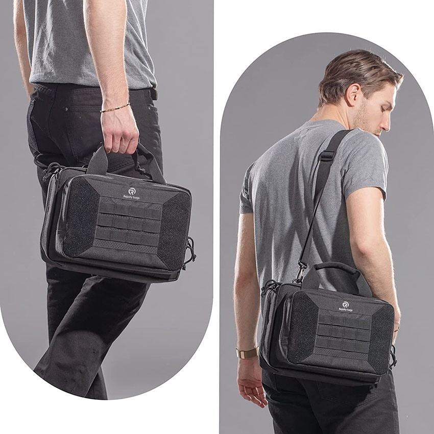 Military Style Tactical Gun Range Bag Double Scoped Handgun Firearm Case Pistol Bag for Outdoor Hunting Lockable Compartment with Adjustable Shoulder Strap Bag