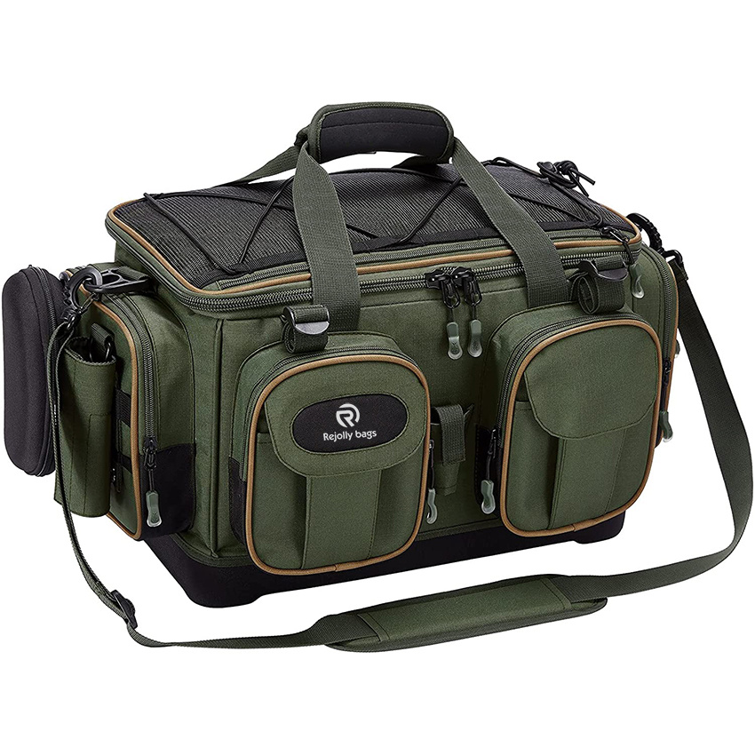 Fishing Tackle Shoulder Bag Water Resistant Lightweight Gear Storage Pack with Hard Molded Bottom Rain Cover Fishing Rod Bag