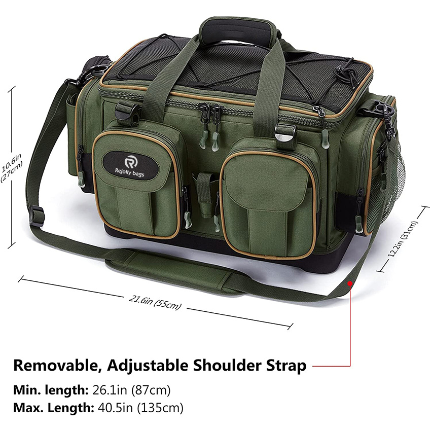 Fishing Tackle Shoulder Bag Water Resistant Lightweight Gear Storage Pack with Hard Molded Bottom Rain Cover Fishing Rod Bag