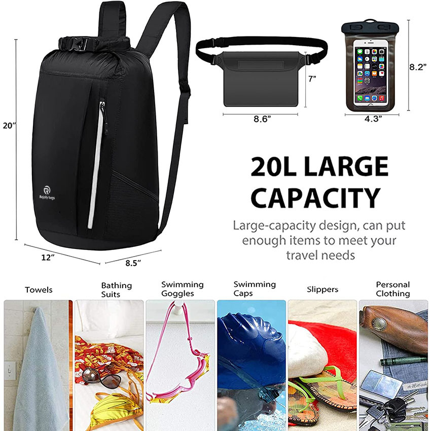 20L Roll Top Dry Sack with Phone Case Waist Pouch Set for Kayaking, Hiking, Swimming, Beach, Camping, Fishing, Boating & Rafting for Men & Women Bag