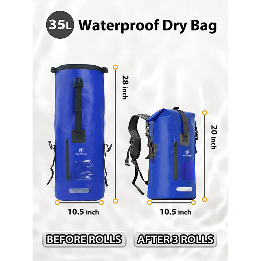 Waterproof Backpack, 35L Dry Bag with Roll-Top Closure, Front Zippered Pocket Soft Cushioned Back-Padded, Ipx8 Case for Kayaking Boating Rafting Fishing Bag