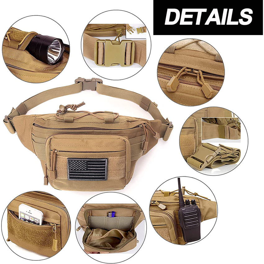 Military Style Tactical Fanny Pack, Waist Bag Hip Belt Bumbag Utility Bags for Outdoor Hiking Climbing Fishing with U. S Patch Bag