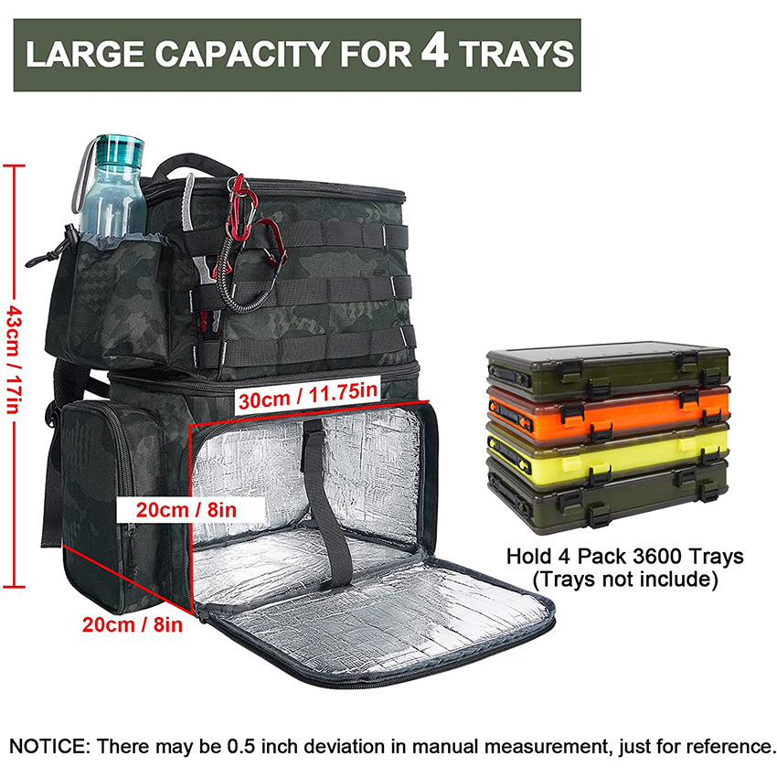 Large Fishing Bag with Rod Holders for 4 Trays Saltwater Resistant Tackle Bag with Waterproof Bottom for Storage Gear Fishing Rod Bags