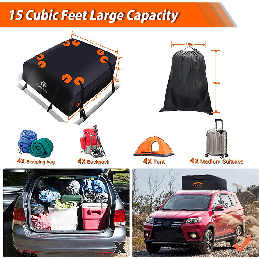 Rooftop Cargo Carrier 15 Cubic Feet Car Roof Bag Waterproof Roof Cargo Bag for All Cars (Side Rails/Cross Bars/with Rack) with Storage Bag