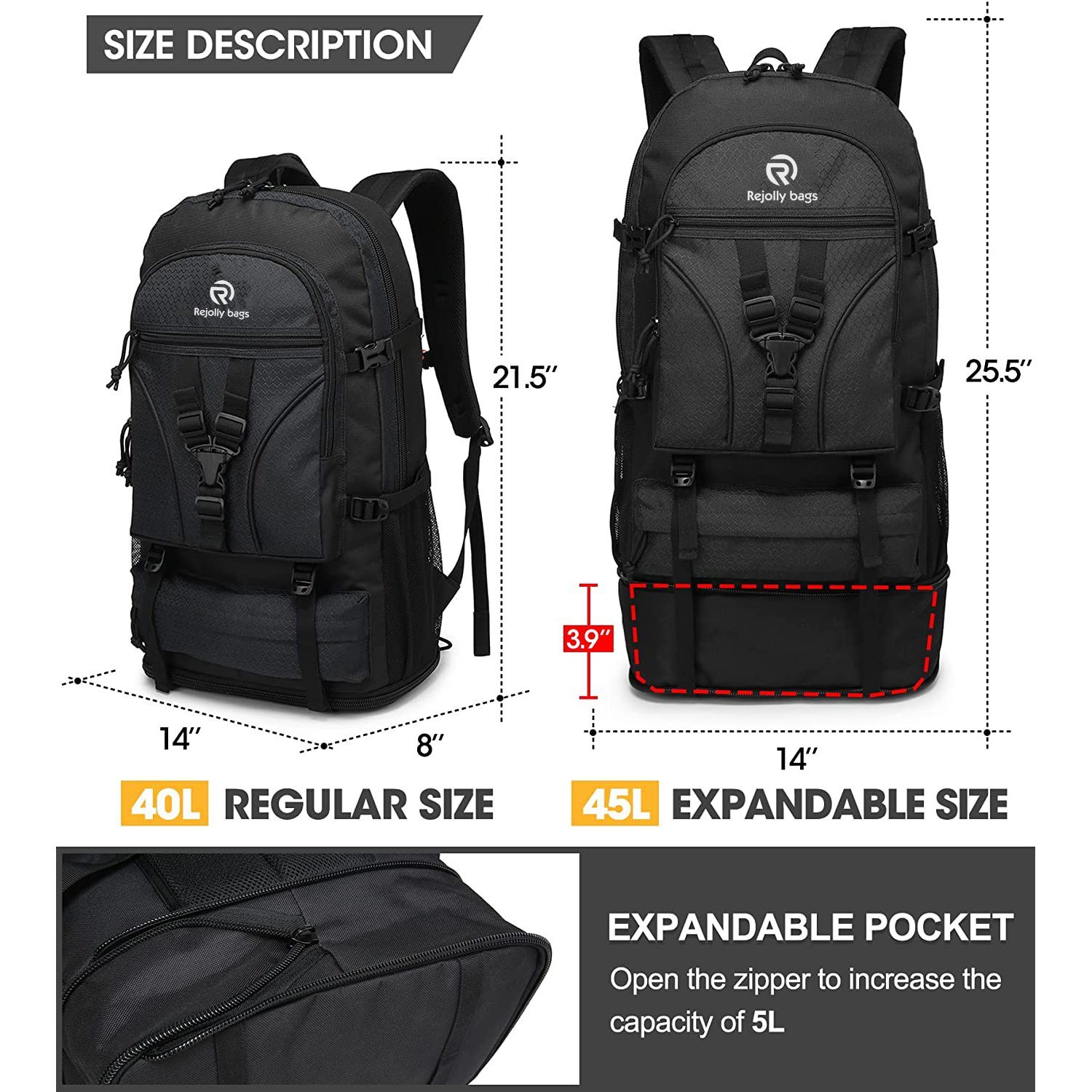 Hiking and Camping 40+5 L Expandable Hiking and Lightweight Travel Backpack