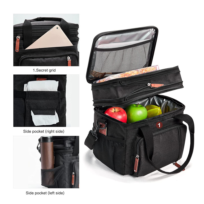Double Compartment Lunch Bag Insulated Ice Cooler Tote Bags Reusable Water-Resistant Food Bag