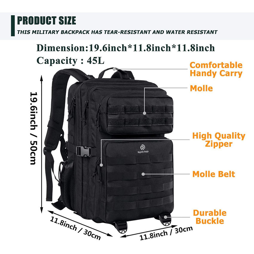 Military Style Tactical Backpack, 45L Large Military Backpacks, Water Resistant Molle Bag Army Rucksack Gifts for Veteran, Black Bag