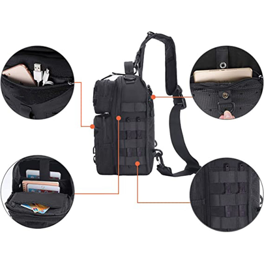 Military Style Tactical Backpack, One Shoulder Slingbag Army Assault Rucksack with USA Flag Patch for Outdoor Sports Hiking Hunting Fishing Camping Black Bag