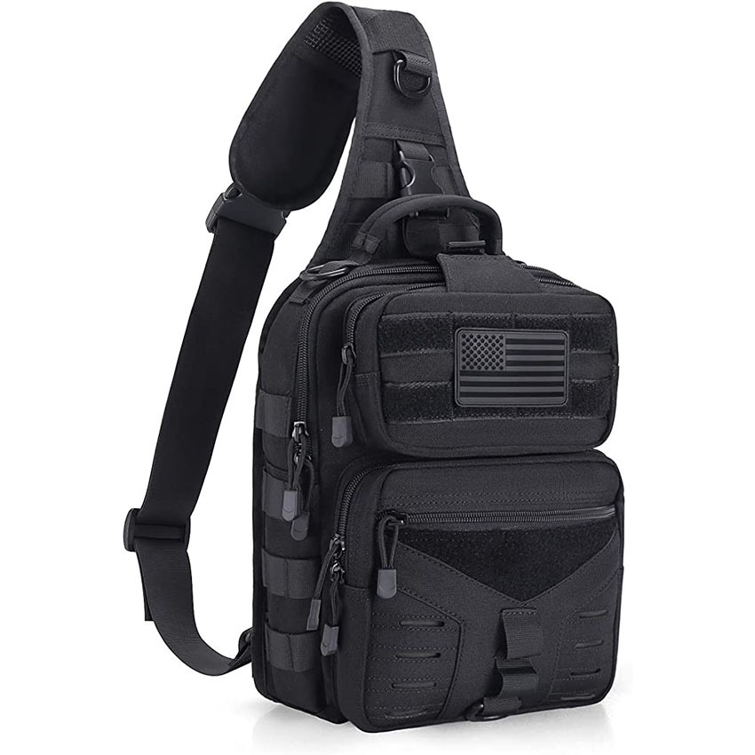 Military Style Tactical Backpack, One Shoulder Slingbag Army Assault Rucksack with USA Flag Patch for Outdoor Sports Hiking Hunting Fishing Camping Black Bag