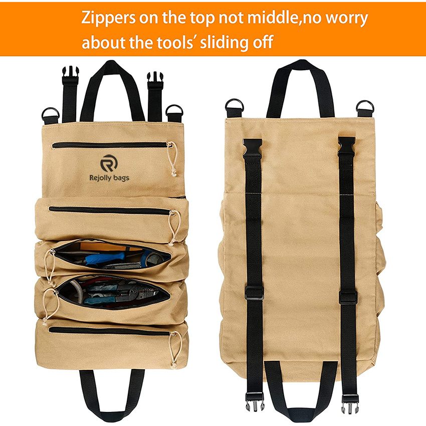 Water Resistant Tool Roll Bag with 2 Wrap Straps, Heavy Duty Roll up Tool Bag with 5 Pockets, Canvas Roll up Tool Bag