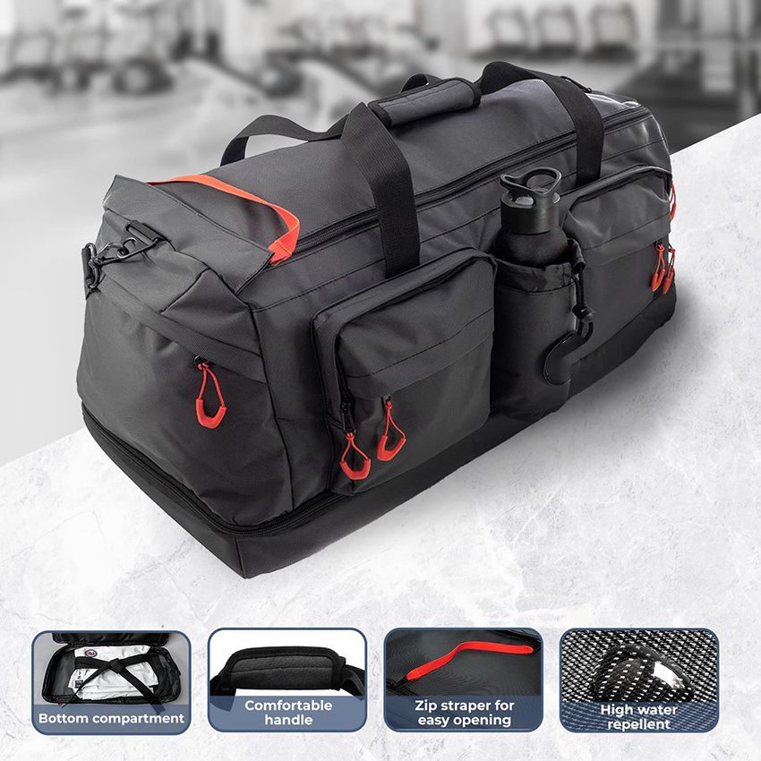 Sport Bag 3 In1 Large Travel Duffle Bag Black Backpack Function and Partition Walls with 7 Pockets and Separate Bottom Section Gym Workout Bag for Martial Arts