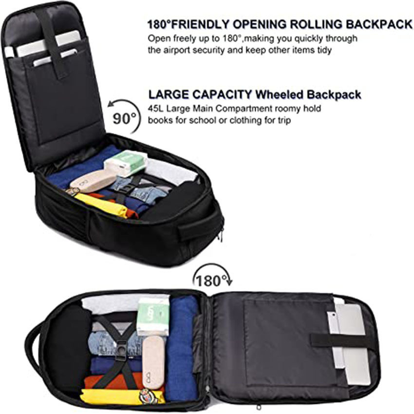 Large Carry on Backpack with Wheels with 3 Main Pockets and 9 Inner Small Pockets for Business Rolling Bag