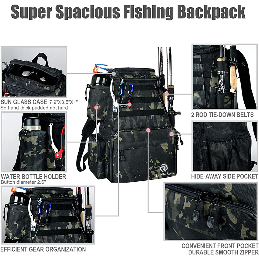 Fishing Tackle Backpack 2 Fishing Rod Holders with 4 Tackle Boxes, Large Storage, Backpack for Trout Fishing Outdoor Sports Camping Hiking Fishing Rod Bags