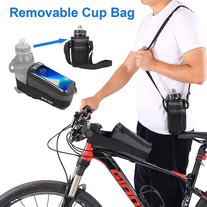 Bike Phone Front Frame Bag with Water Bottle Holder Removable Insulated Handlebar Bottle Cup Bag with Tighter Buckle Bicycle