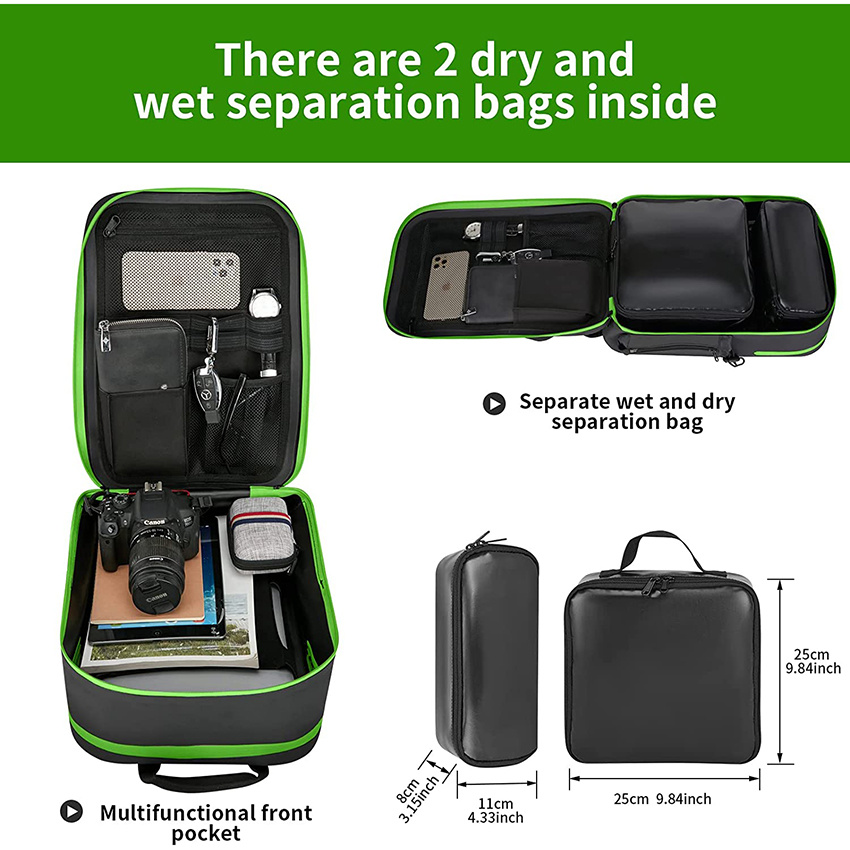 TPU Waterproof Backpack with 2 Removable Cosmetic Bags Airtight Zipper Pocket Hiking Travel