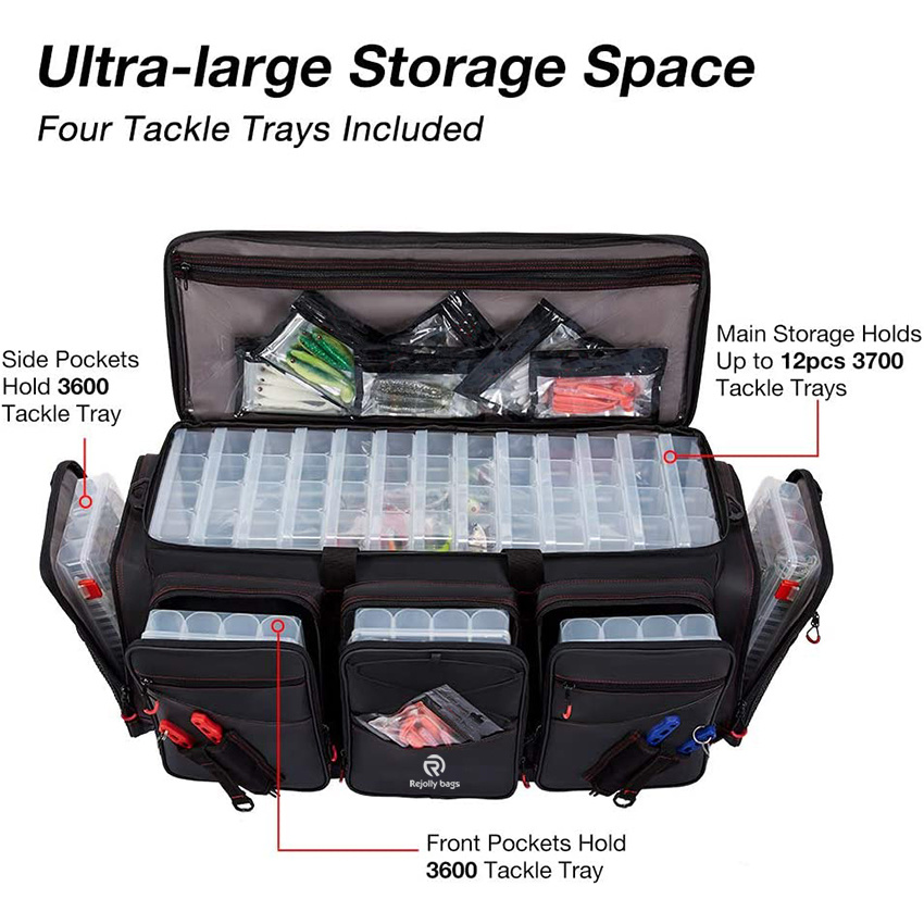 Fishing Tackle Bag with 4 Trays Large Water-Resistant Fishing Tray Bags Outdoor Fishing Tackle Storage Bag with 3600 or 3700 Tackle Boxes Fishing Rod Bag