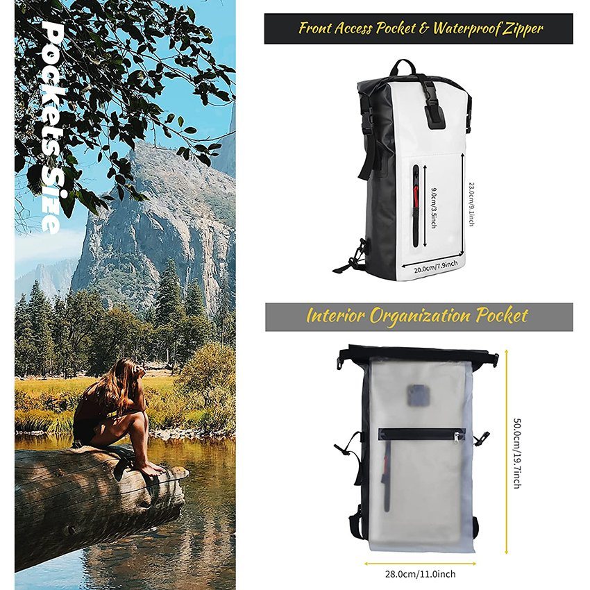 Dry Bag Backpack Waterproof with Easy Access Front Zippered Pocket Dual Padded Shoulder Straps for Kayaking Camping Hiking